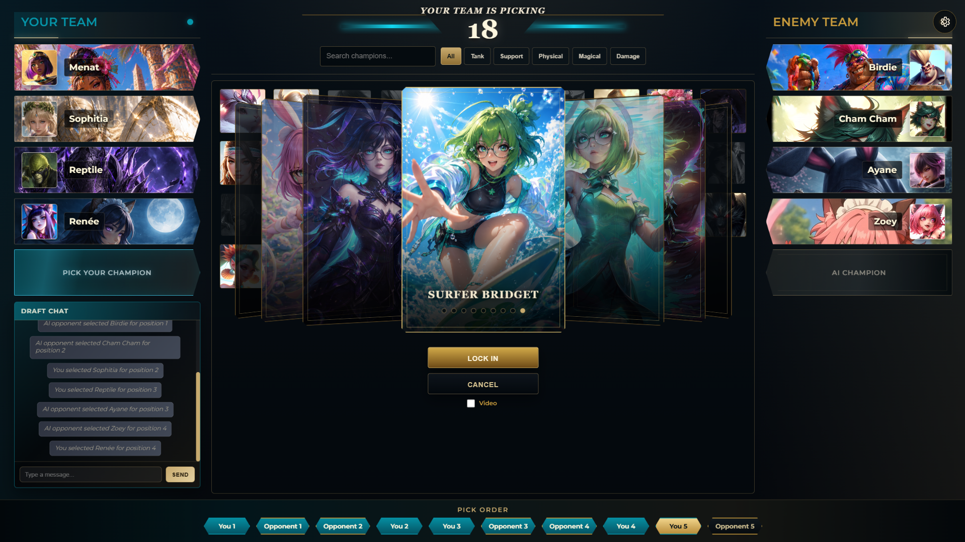 Updated draft mode screen with both teams, champion cards, chat, filters, and pick order