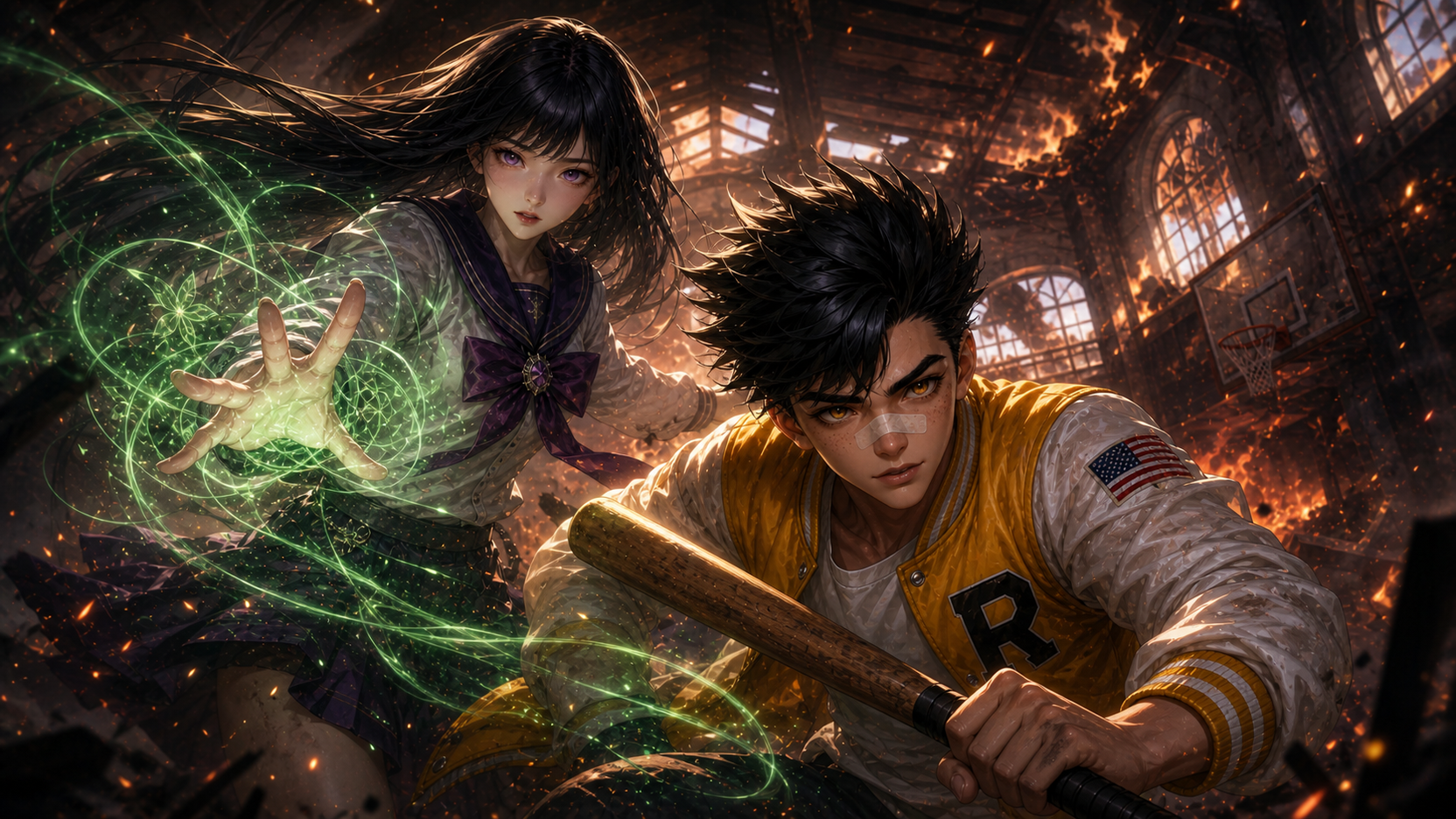 Blazing School Day hero art featuring Kokoro and Shoma in the burning school